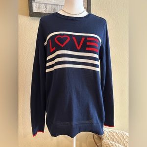 EV1 By Ellen Degeneres Navy Blue Crew Neck Pullover LOVE Sweater Women's - Sz M